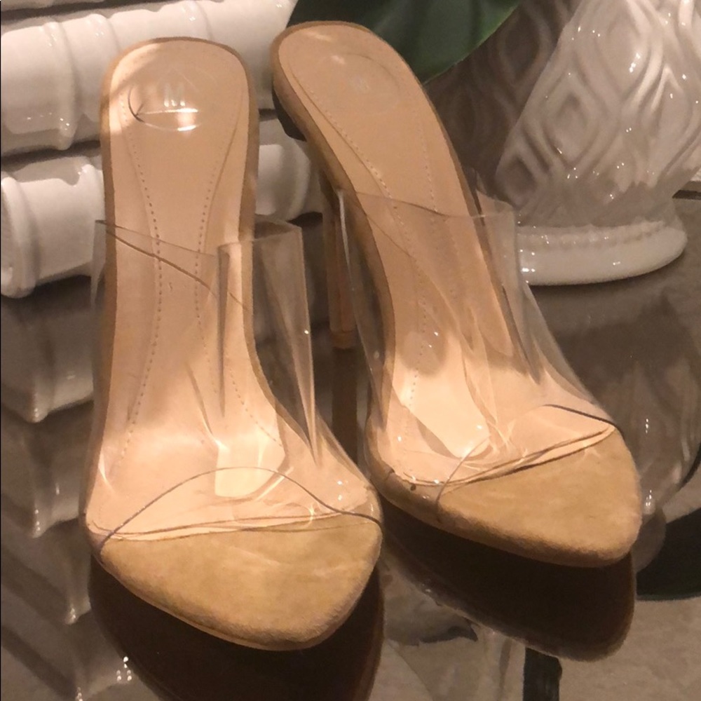 Missguided tan suede and clear mule heel size 6
